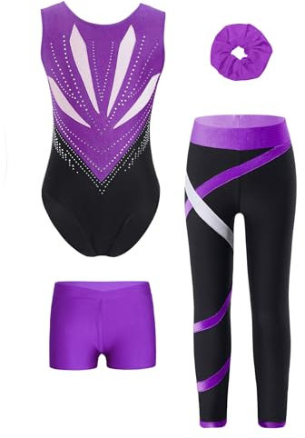 Vxuxlje Gymnastikanzug Mädchen Ärmellose Turnanzug Mit Shorts Legging Und Haarbandund Rückenfrei Tanzbody Bodysuit Trainingsanzug Violett 158-164