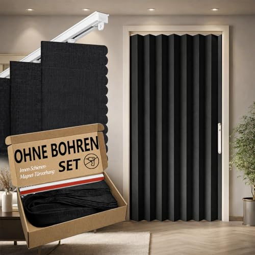Jilron 100% Blickdichter Türvorhang – Faltbarer Akordion-Stil mit Magnetverschluss, Klebemontage ohne Bohren, inkl. Klebeschiene, Verdunkelung & Windschutz,Schwarz, H201 x B135 cm