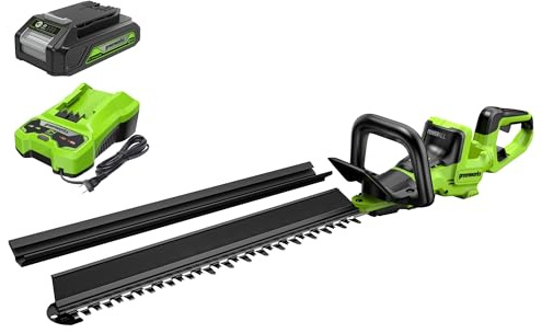 Greenworks 24V 24 (1.1 Cutting Capacity/Rotating Handle) Brushless Hedge Trimmer Cordless, 2.0Ah Battery and Charger Included