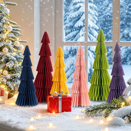 SUNBEAUTY 6 Stück Papier Tannenbaum Deko Dickes Papier Weihnachtsbaum Waben Tischdeko Weihnachtsdeko Innen Magnetisches Design für Zimmer Fenster Kamin Esstisch Schrank Fensterbank Weihnachtsdekor