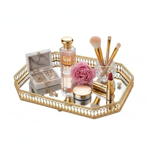 Luxe Metall Dekotray mit Spiegeluntergrund, 28x20cm, Oktagonal | Servierteller für Bad & Wohnzimmer, Ideal für Kosmetik, Ideal für Kerzen, Ideal für Geschenke