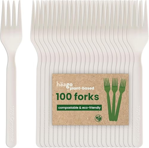 HAAGO 500 Forks Cutlery Set, White (18cm / 7) – Eco-Friendly, Biodegradable & Compostable – Reusable, Heavy-Duty, 100% Natural Utensils for Hot & Cold Food – Plant-Based & BPA-Free