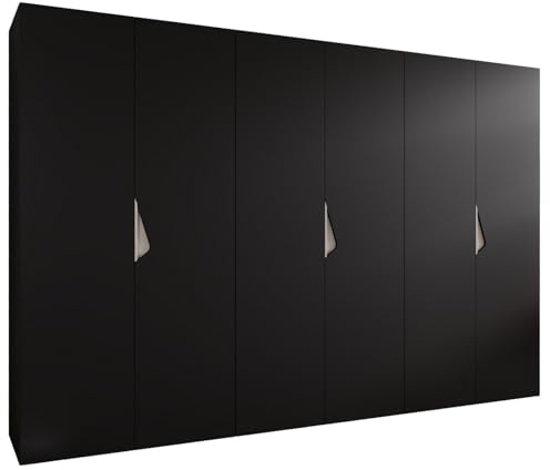 MEBLE KRYSPOL - Kleiderschrank - Garderobenschrank - 300 cm x 202 x 52 cm - Schrank mit Kleiderstange, 6 Türen - für Schlafzimmer, Flur - SANDI, Schwarz, Griff Kaschmir