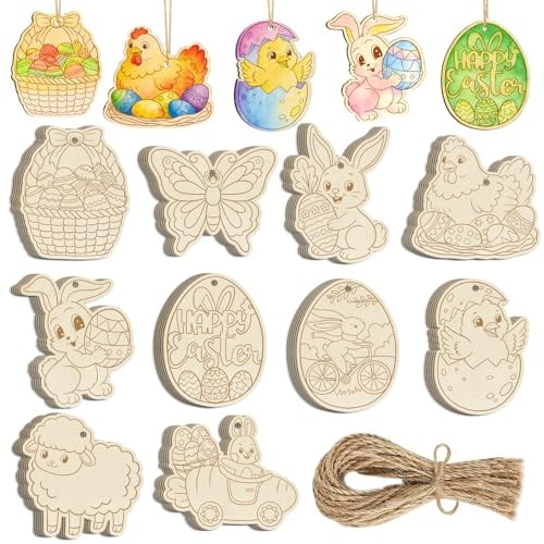 50 Stück Holzanhänger Ostern Basteln Kinder,DIY Kinder Unvollendete Hasen Huhn Blume Basteln zum Bemalen Holz Anhänger für Ostereier（Hallow）