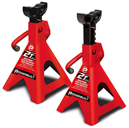 Powerbuilt 2 Ton Ratchet Jack Stand Pair, 4000 Pound 2-Piece Heavy Duty Steel Stands, Wide Angle Stability, Adjustable Height - Red 640399