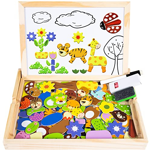 COOLJOY Magnetspiel Spielzeug ab 3 Jahre, Magnettafel Kinder Kinderspielzeug ab 3 Jahre, Holzpuzzles mit Doppelseitiger Tafel, Spielzeug ab 2 3 Jahre Mädchen und Jungen