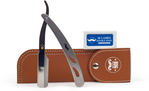 Big Moustache Rasoir de Barbier de Rasoir Droit Coupe-Choux/Rasoir Shavette - Acier Inoxydable - Comprend 10 Lames en INOX et Son Étui en Cuir - Rasage Traditionnel