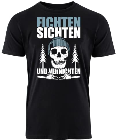 HOLZBRÜDER® Fichten sichten und vernichten T-Shirt für die Arbeit mit der Kettensäge im Wald (XXL, Schwarz)