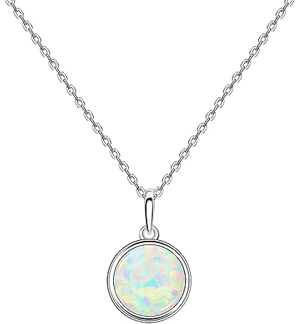 KristLand Moonlight Kette Damen Erstellt Weißer Opal Anhänger aus Sterlingsilber mit Anhänger kreisförmig Kreis Form Geschenk für Frauen/Mädchen/Hochzeiten/Party 16MM Weiß Opal