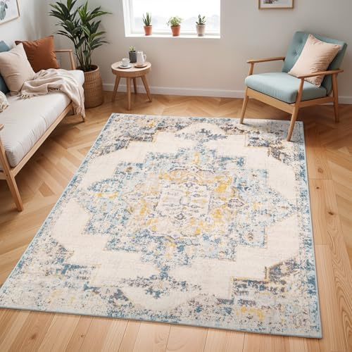 Livabliss Sun Orlando Vintage Rug, Boho – 60x90 cm, Blue, Mustard & Beige
