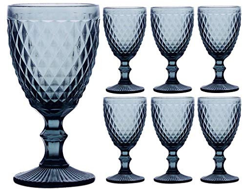 Set of 6 Wine Glasses - Vintage Style Blue Diamond Embossed 270ml Wine Goblets (CB98)