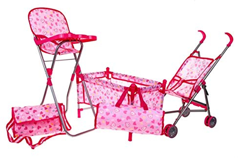 BSD Babypuppe Zubehör - Zubehör Set für Puppen, Puppenbett, Hochstuhl, Puppenwagen und Tasche, Puppen Zubehör für Kinder