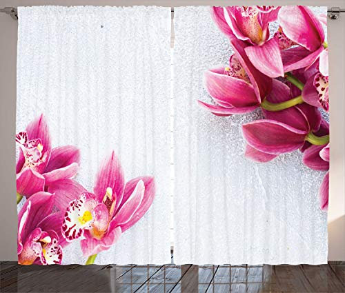 ABAKUHAUS Blumen Rustikaler Vorhang, Relaxing Orchideen-Muster, Wohnzimmer Universalband Gardinen mit Schlaufen und Haken, 280 x 245 cm, Weiß Dunkle Koralle