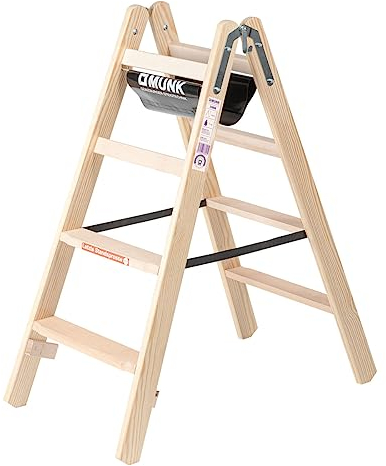 Holz-Stufenstehleiter, beidseitig begehbar, 2 x 4 Stufen, Arbeitshöhe 2500 mm.