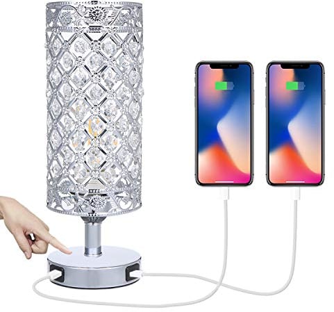 Tomshine Touch Control Crystal Bedside Lamp with Dual USB Port 3-Way Dimmable Table Lamp with E27 Glitter Lampshade for Bedrooms Living Room(LED Bulb Included) (Silver),LT132UK