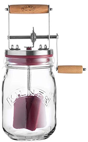 Kilner Butterfass mit Drehkurbel aus Glas Edelstahl und Holz in der Farbe Silber-Dunkelrot-Braun 1L, 0025.348