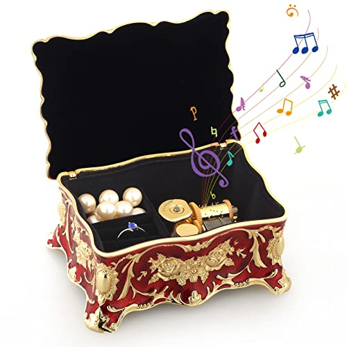 ROSIKING Rote rechteckige Prägung Legierung Metall Spieluhr Wind Up Antike Schmuck Spieldosen Weihnachten Geburtstag Valentinstag Geschenke Spielt Anastasia-Once Upon a Dezember