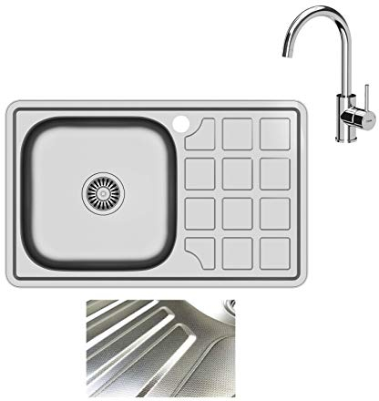 VBChome Einbauspüle mit Armatur 78x48 Leinenstruktur ab 50er Unterschrank Edelstahl Küchenspüle Spüle Ablagefläche Abtropffläche Rechts eckiges Camping Ablaufgarnitur Siphon Wasserhahn Chrom