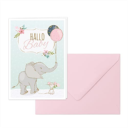 Glückwunschkarte zur Geburt: „Hallo Baby“ – Bezaubernde Klappkarte im Premium-Format mit Umschlag in Rosa