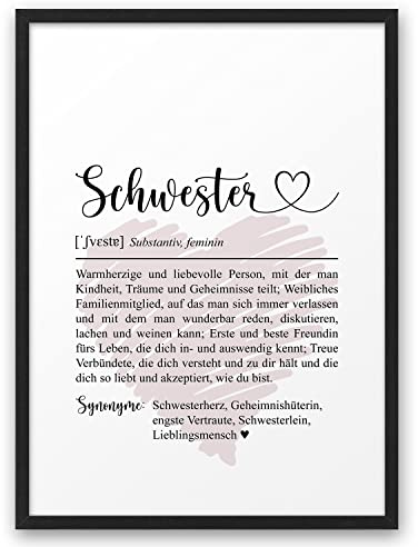 SCHWESTER MIT HERZ | ABOUKI Kunstdruck | Schwester Geschenk Schwester Bild Schwester Poster Beste Schwester Geschenke für Schwester Weihnachten Geschenke Schwester Definition | DIN A4 ohne Rahmen