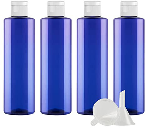 ZEOABSY 4 Pièces 250 ML Bleu Bouteille en Plastique avec Bouchon à Charnière Blanc, Épaule Plate Vider Bouteille Ronde en PET de Voyage pour Cosmétiques Liquides