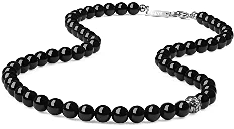 GAVU Collar de Piedras Naturales y Cristal para Hombre con Cuentas de Obsidiana Arcoíris y Perla Amuleto Fleur de Lis 60cm