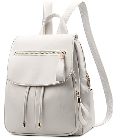 DIRRONA Rucksack Damen Beiläufig Diebstahlschutz Daypack Reise Wasserdicht Rucksack Schule Büro Geschäftsreise PU Leder Mittel Damen Rucksack Weiß