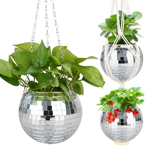 FGBNM 10,2 cm/15,2 cm/20,3 cm/22,9 cm/25,4 cm Discokugel-Pflanzgefäß, Discokugel-Pflanzenhänger mit Seil zum Aufhängen, Kette zum Aufhängen, Haken, Kreis und extra Spiegelstücken (15,2 cm Silber, 1