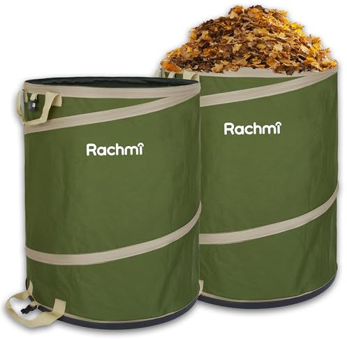 Rachmi 47 Gallon Collapsible Trash Can 2-Pack with Hard Bottom | Extra Large Reusable Yard Leaf Waste Bag Outdoor Pop Up Recycle Bin for Camping, Green