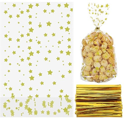 Yoosso 100 Stück Cellophantüten, Kekstüten mit 100 Metallischen Bindebänder Klarsichttüten zum Befüllen Plastiktüten Bodenbeutel Sterne für Süßigkeiten Kekse Popcorn, 15*25cm