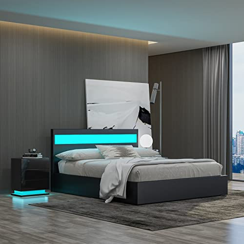 Ottoman Lift Storage Bed Frame with LED Headboard, 5FT King Size Bed Frame, Faux Leather Upholstered Bed Frame with Gas Lift Up Storage, for Bedroom Furniture, Black