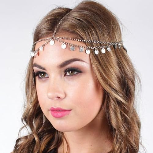 Fashband Kopfkette mit Pailletten, Quasten-Haarkette, silberne Braut-Kopfbedeckung, Haarschmuck für Frauen und Mädchen