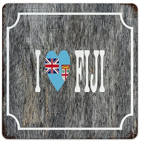 I Love Fiji Hängendes Metallschild Bauernhaus Terrasse Schilder Liebe herzförmige Flagge Wanddekoration Aluminium Metallschild für Innenbereich Terrasse 30,5 x 30,5 cm