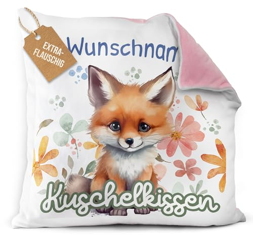 PR Print Royal Flauschiges Kuschel-Kissen für Kinder mit Füllung mit Name selbst gestalten - Fuchs Kissen für Mädchen und Jungs, Kinderkissen mit Name | 40 x 40 cm, Rückseite Rosa Flauschig
