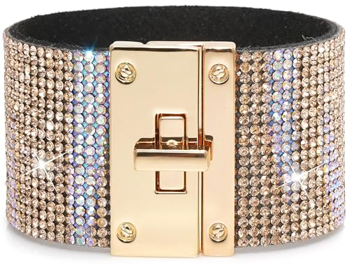 Suyi Leder Wickelarmbänder für Frauen Breites Strass-Armband Bohemian Armreif Armband Khaki