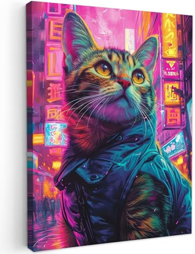 MuchoWow© Bilder Wohnzimmer Deko Modern Wandbild Foto auf Leinwand Bild | 60x80 cm - Schlafzimmer über Bett Room Decor Geschenke Graffiti - Katze - Neon - China - Rosa - Pop-Art