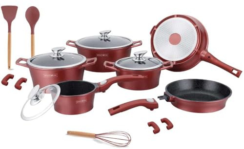 Lot de 17 batteries casseroles et poêles en aluminium moulé sous pression antiadhésif, revêtement en marbre, idéal pour induction ou gaz, couvercles en verre et outils inclus Royalty RL-ES2014M