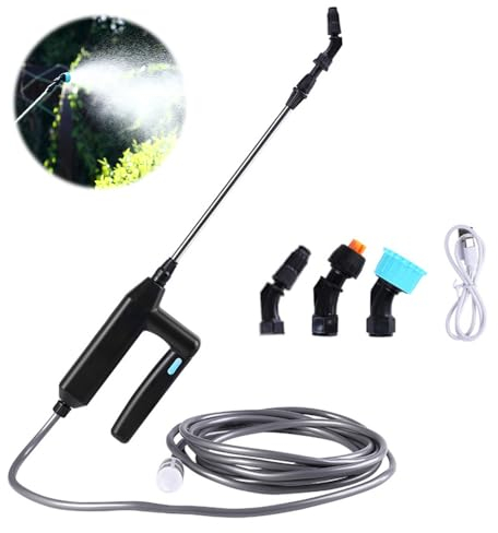 Hojalis Akku Drucksprüher, Drucksprüher Elektrisch, Tragbarer Drucksprüher 7.4V/1A, Gartenspritze Drucksprüher Akku, Elektrischer Gießstab mit 3Düsen, 5M Schlauch, Wiederaufladbare USB, Für Hof,Garten