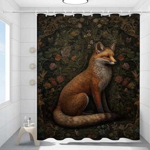 Fchen art William Morris Fuchs-Duschvorhang, Bauernhoftiere, niedliches Wildtier, rustikaler Waldtier-Duschvorhang, Vintage-Badezimmer-Dekor-Set mit 12 Haken, wasserdicht, waschbar, Dekoration, 180 x