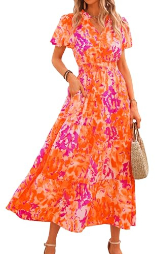 MASCOMODA Robes longues d'été pour femmes 2026 - Robes décontractées à encolure en V, manches courtes bouffantes, smockées, fluides, de plage, style bohème, à fleurs, Taille M