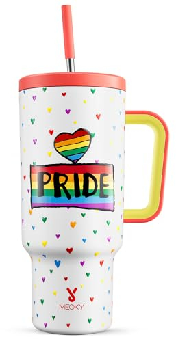 Meoky 40 oz Tumbler with Handle and Straw, Tumbler with Lid and Straw, Insulated Stainless Steel Travel Mug, 100% Leak-proof, Keeps Cold for 34 Hours (Rainbow Pride)