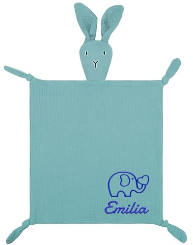 kodinsiivous Schmusetuch für Baby Babydecke mit Namen Personalisierte Musselin Schnuffeltuch Kuscheltuch mit Hase-Köpfchen Baby Geschenk zur Geburt Junge & Mädchen,Blau