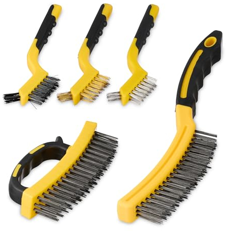 Relaxdays Brosses métalliques, Lot de 5, Acier, Acier Inoxydable, Nylon & Laiton, Manche en Plastique, Jaune - Noir