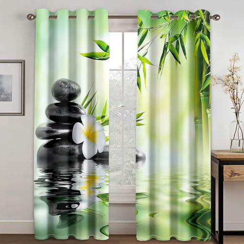 SJSXWQN Vorhang Zen-Stein-BambusbläTter Gardinen mit Ösen Vorhang Blickdicht Thermo Verdunklungsvorhänge Schiebegardinen für Schlafzimmer Wohnzimmer H 260 x B 140 cm 2er Set