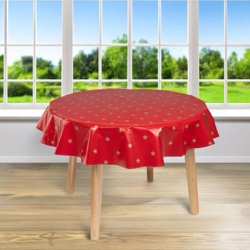 laro runde 140 cm wachstuchtischdecke wachstischdecke abwashbar PVC tischdecke Wachstuch wasserabweisend Garten tischdecke, Muster:Weihnachten Sterne Gold Rot