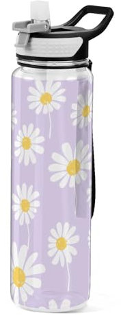 Seamless Daisy Flower Purple Sports Bottle Tritan Reusable Water Bottle with Slip Proof for Bike 32oz