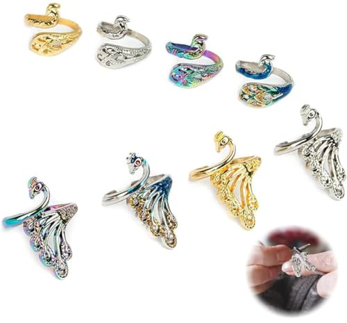 Pack of 8 Crochet Rings, Adjustable Knitting Rings Open Yarn Guide Thimble Tension Ring Braided Open Thimble Markings Crochet Accessories Peacock Weaving Hook Crochet Ring for Fingers,häkelring