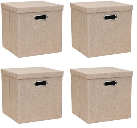 ArcaGuru Storage Bins with Lids, Collapsible Linen Fabric Boxes Organizer Containers with Lid Foldable Storage Box Basket for Closet, Shelves, Home, Office, 28 x 28 x 28 CM, 4 Pack, Khaki
