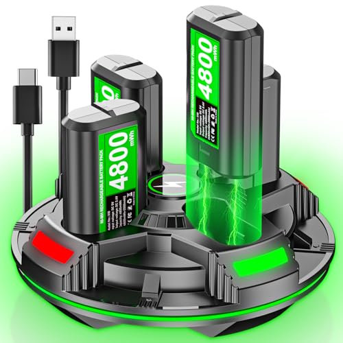 Paquete de baterías recargables para driver Xbox, 4 x 4800 mWh, 50 horas de reproducción, carga rápida de 4 horas, con estación de cargador USB tipo C, compatible con Xbox one/S/Elite