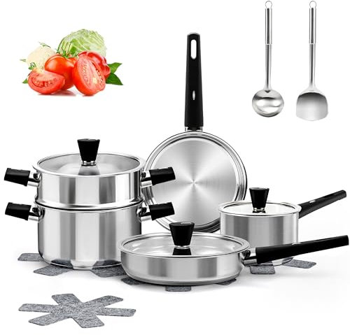 Stainless Steel Pots and Pans Set, 14-Piece Cookware Set with Stay-Cool Handle, kitchen Cooking Pots and Pans Compatible with All Stovetops (Gas, Electric & Induction), Dishwasher Safe